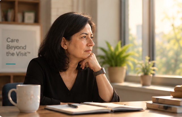 AI-generated conceptual likeness of Mukta Arora reflecting on the experience that inspired MyGleeo