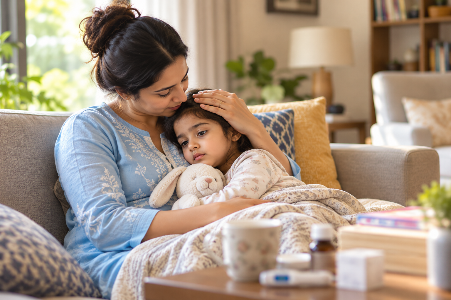 Parent comforting her child at home after a consultation