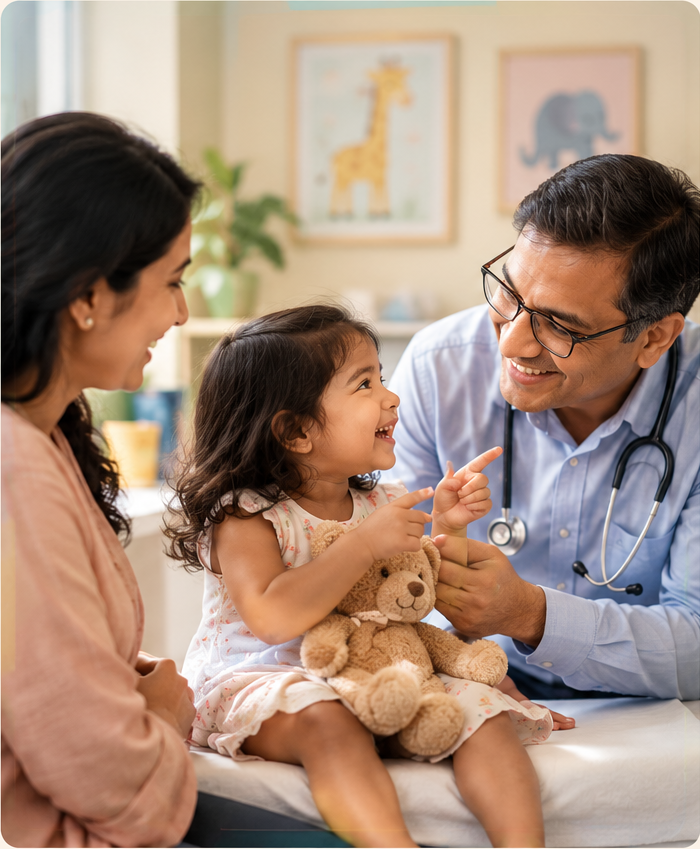 Paediatrician speaking warmly with a mother and child