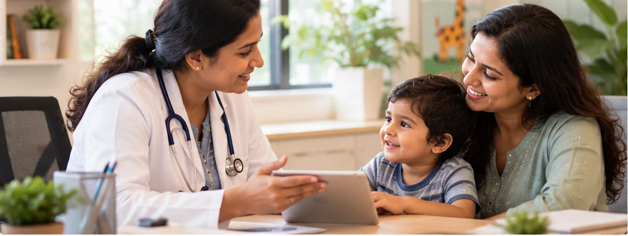 Paediatrician consulting with a family