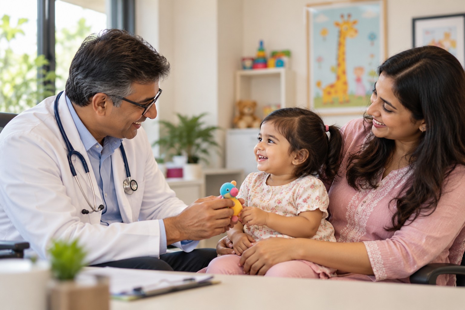 Indian paediatrician interacting warmly with a parent and child