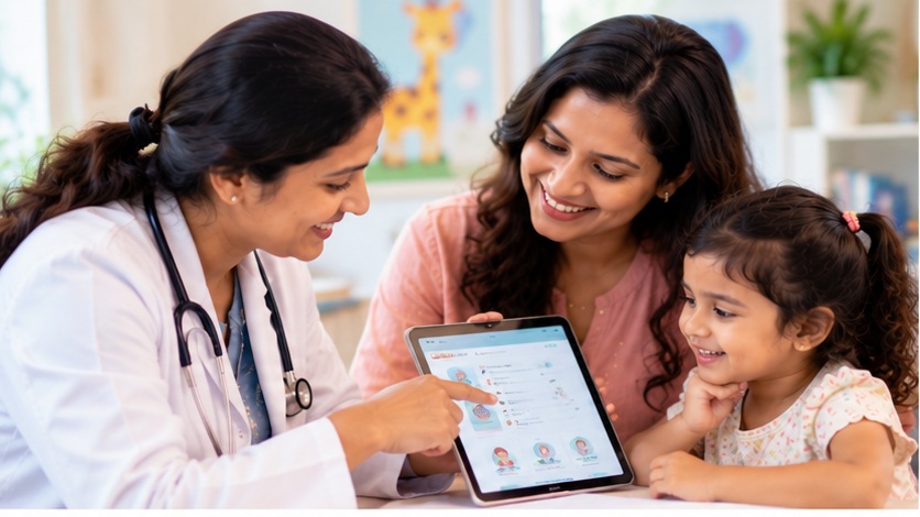 Paediatrician with mother and child