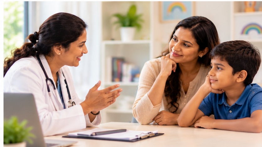 Paediatrician with family in consultation